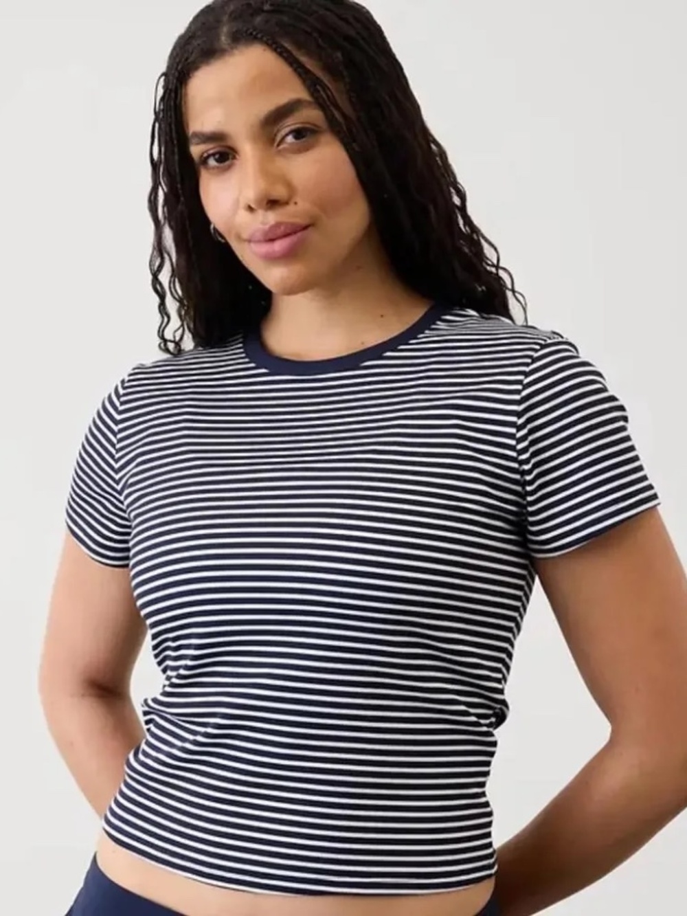 Athleta SIGNATURE RIB CROP TEE navy/white stripe - Size Large